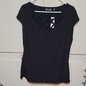 Elegant Black Blouse with Geometric Neckline